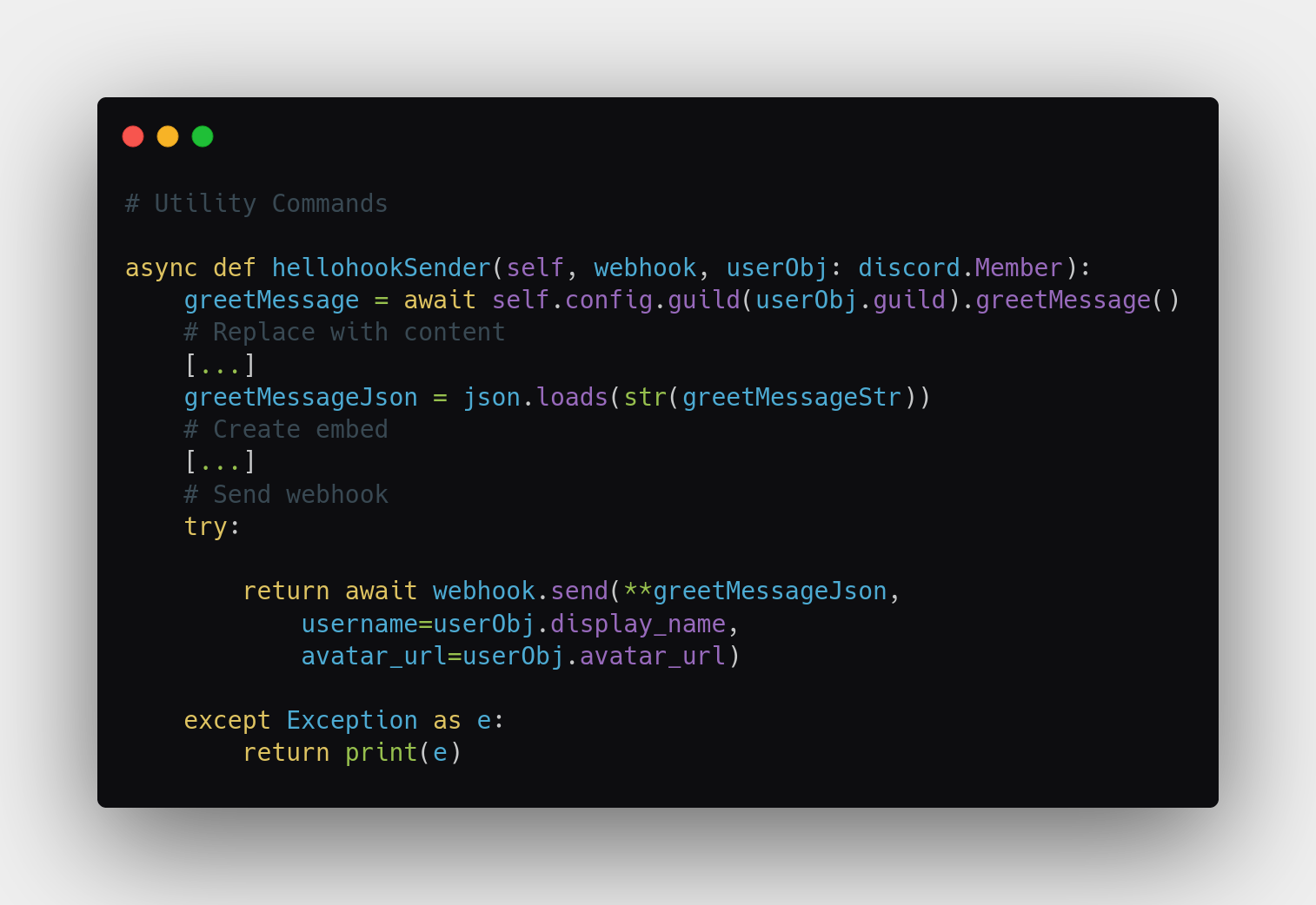 Image: Replacing code under Utility Commands async def hellohookSender()