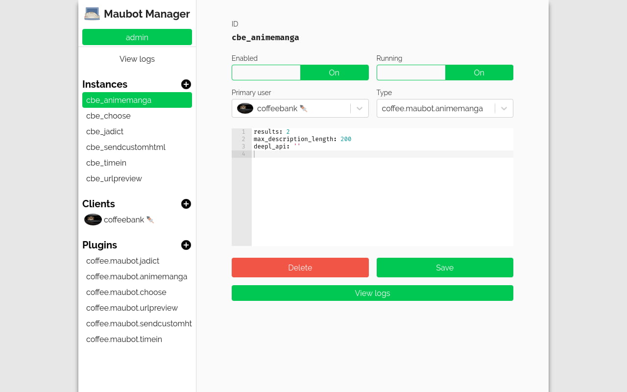 Screenshot, Maubot Manager Web UI